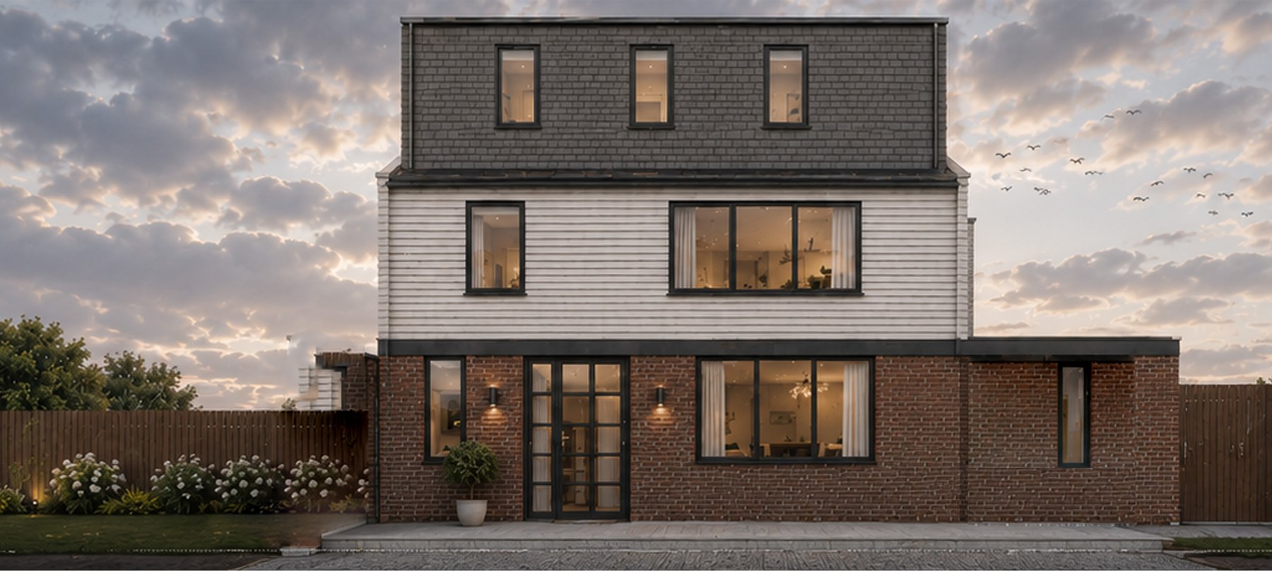 Englehurst — front elevation at dusk