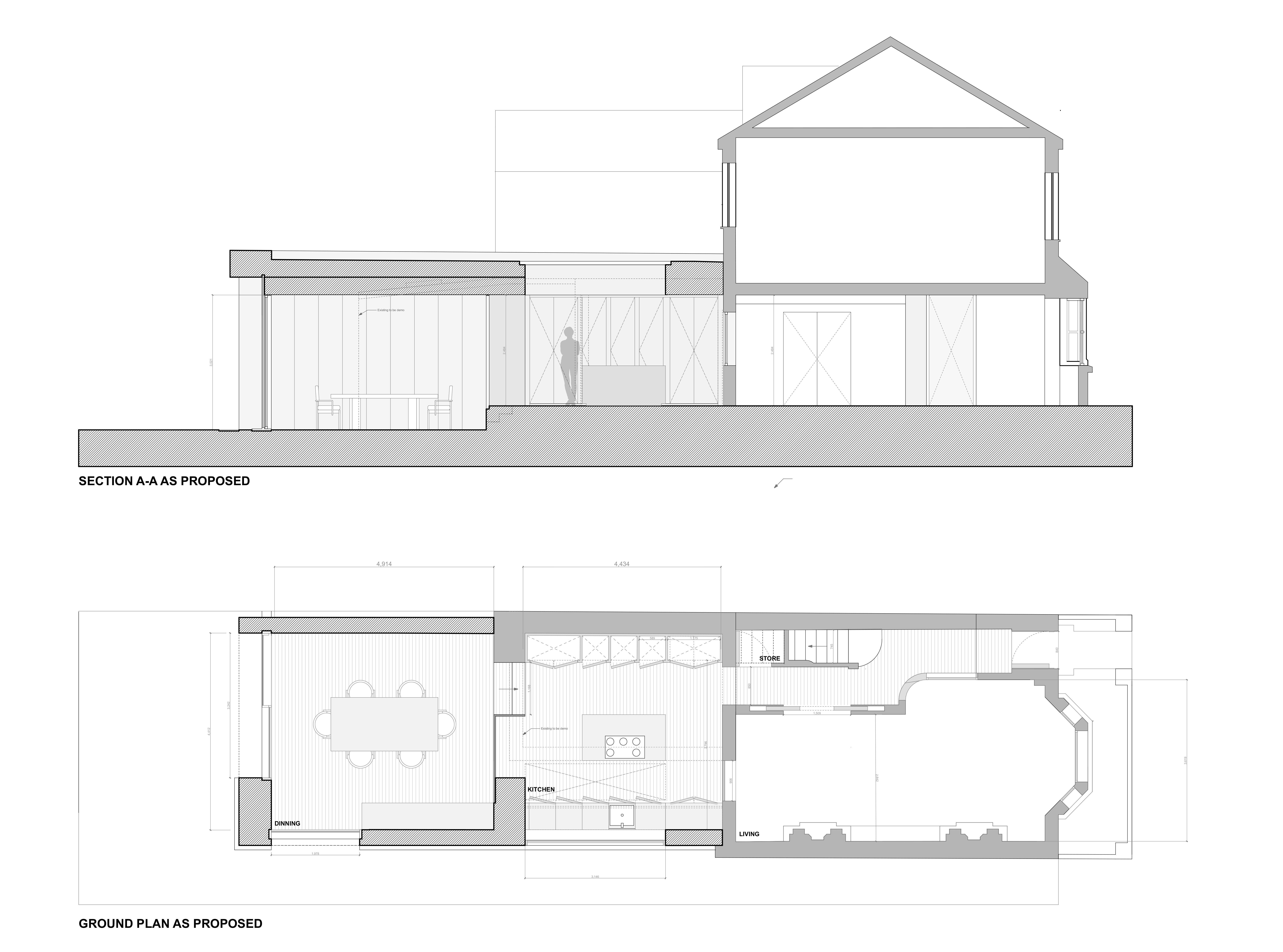 Portland House — proposed section A–A and ground floor plan showing dining, kitchen and living arrangement