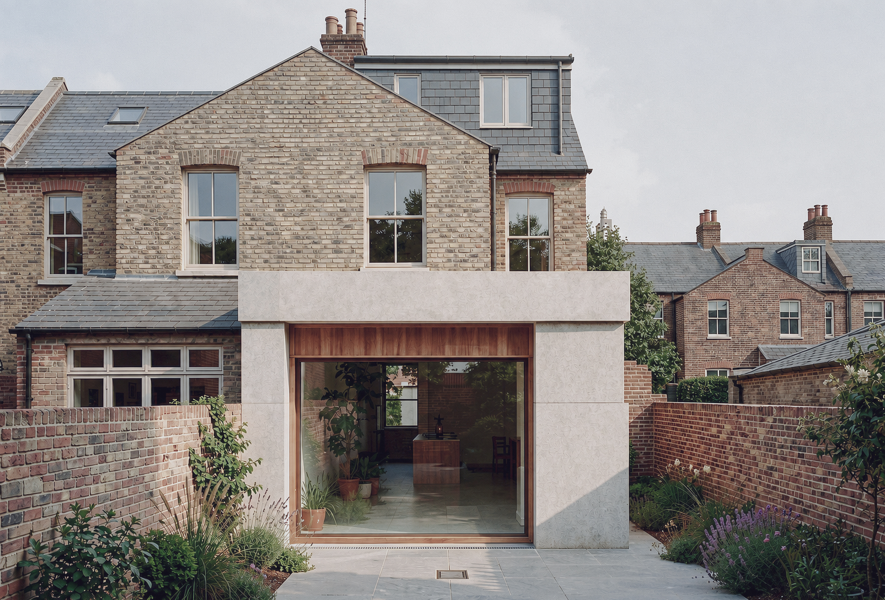Portland House rear extension with portland stone frame and full-height glazing